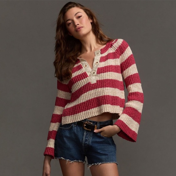NWT Anthropologie Plus Size Pilcro Bell Sleeve Henley Sweater Rouge Red Size 2X - Picture 1 of 12